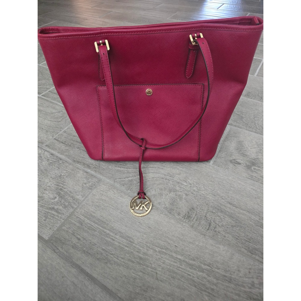 Michael Kors Jet Set Large Top Zip Pocket Tote Saffiano Leather Cherry‎ Red Gold